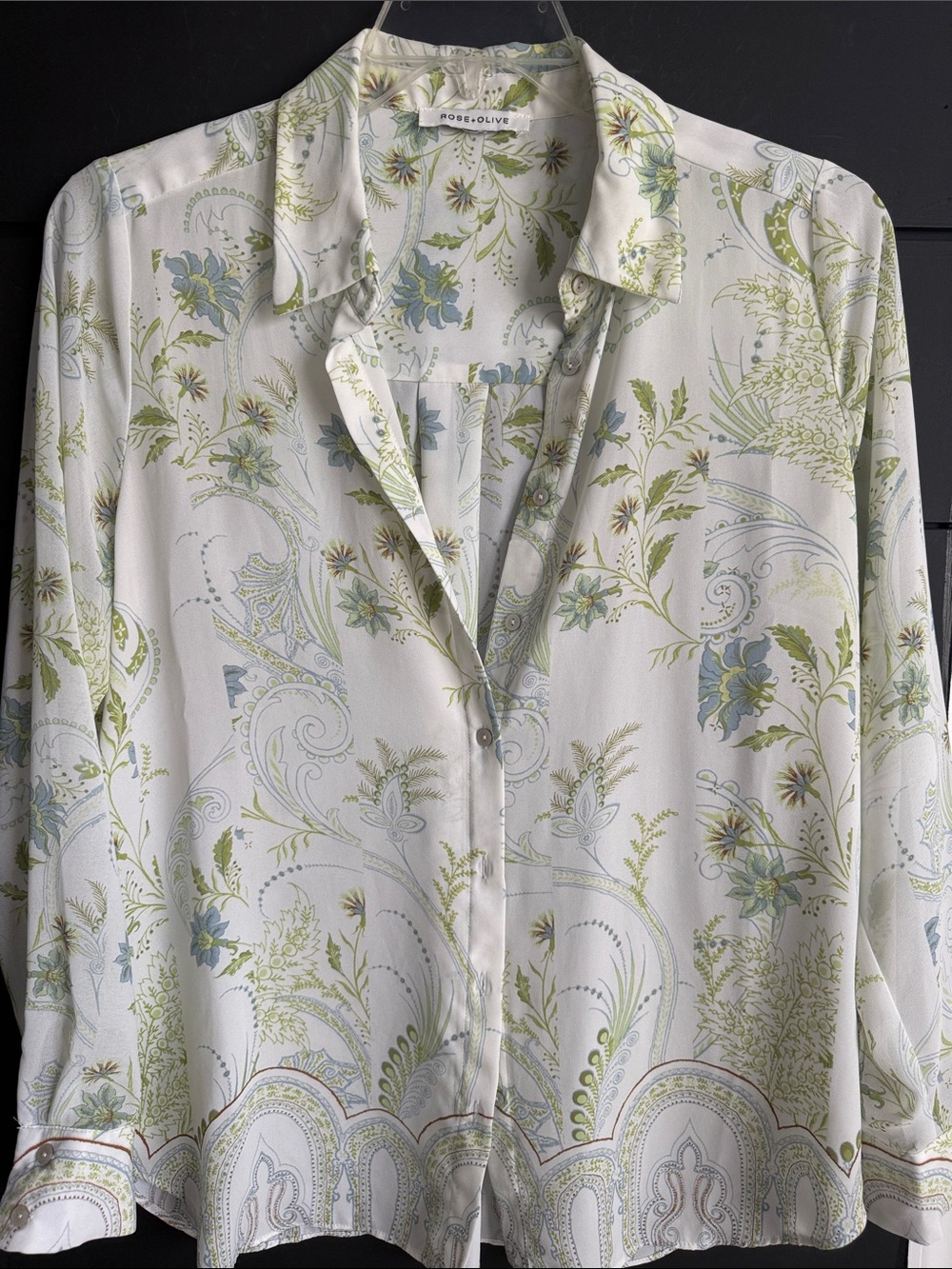 Rose & Olive White Floral Button-Down Blouse Green and Pale L